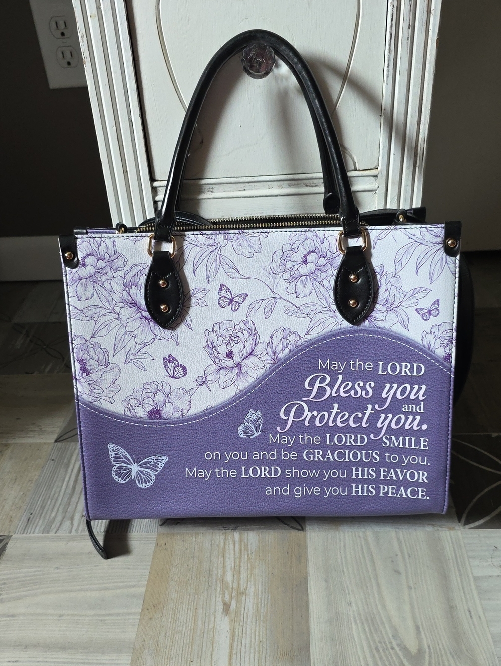 Faith-Inspired Purple Floral Shoulder Bag with Script
